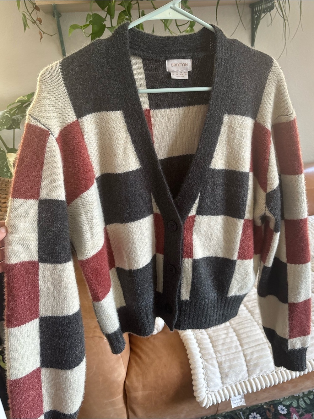 Brixton Checkerboard Cardigan in Black, Cream & Red